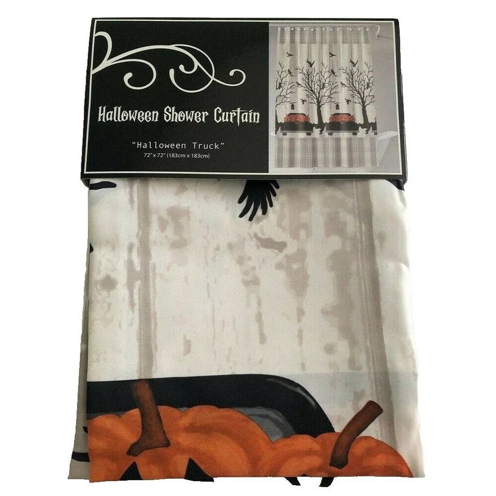 Halloween Black Farm Truck Fabric Shower Curtain Pumpkin Crow Spooky 72x72